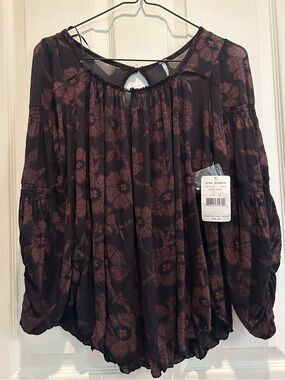 Free People Black & Burgundy Floral Peasant Tunic